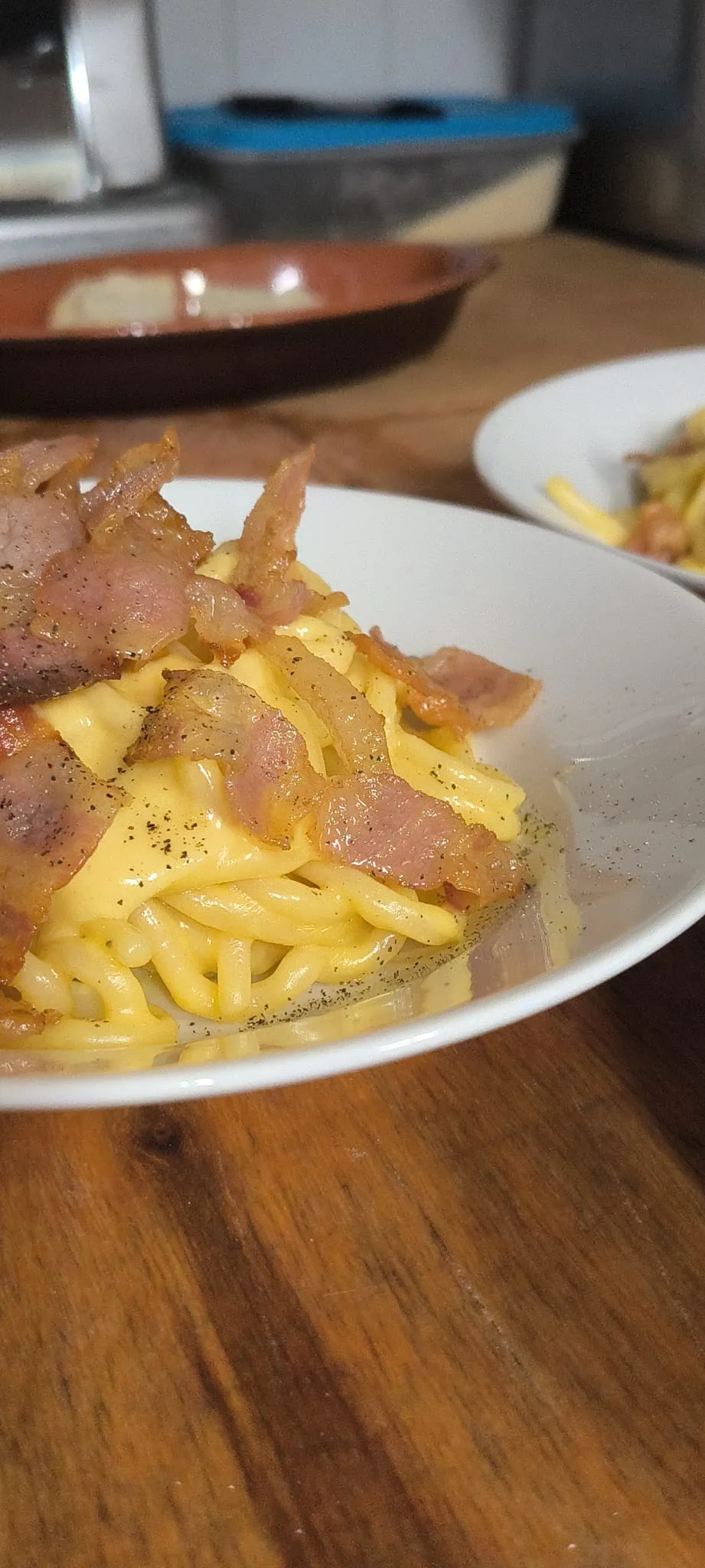 Pasta con guanciale croccante, appena impiattata Pasta con guanciale croccante, appena impiattata