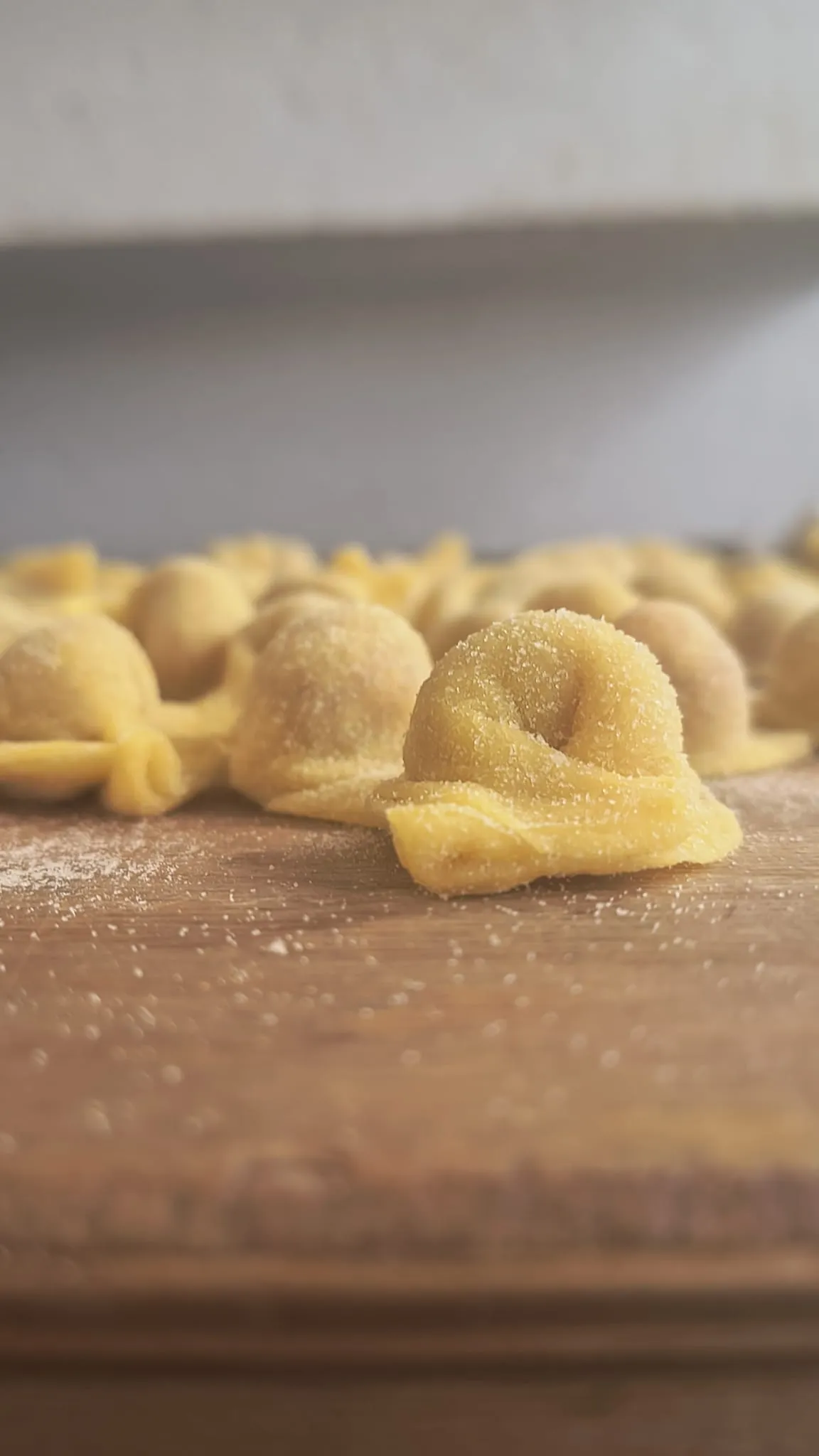 Tortelli freschi appena fatti, allineati sul piano di lavoro Tortelli freschi appena fatti, allineati sul piano di lavoro