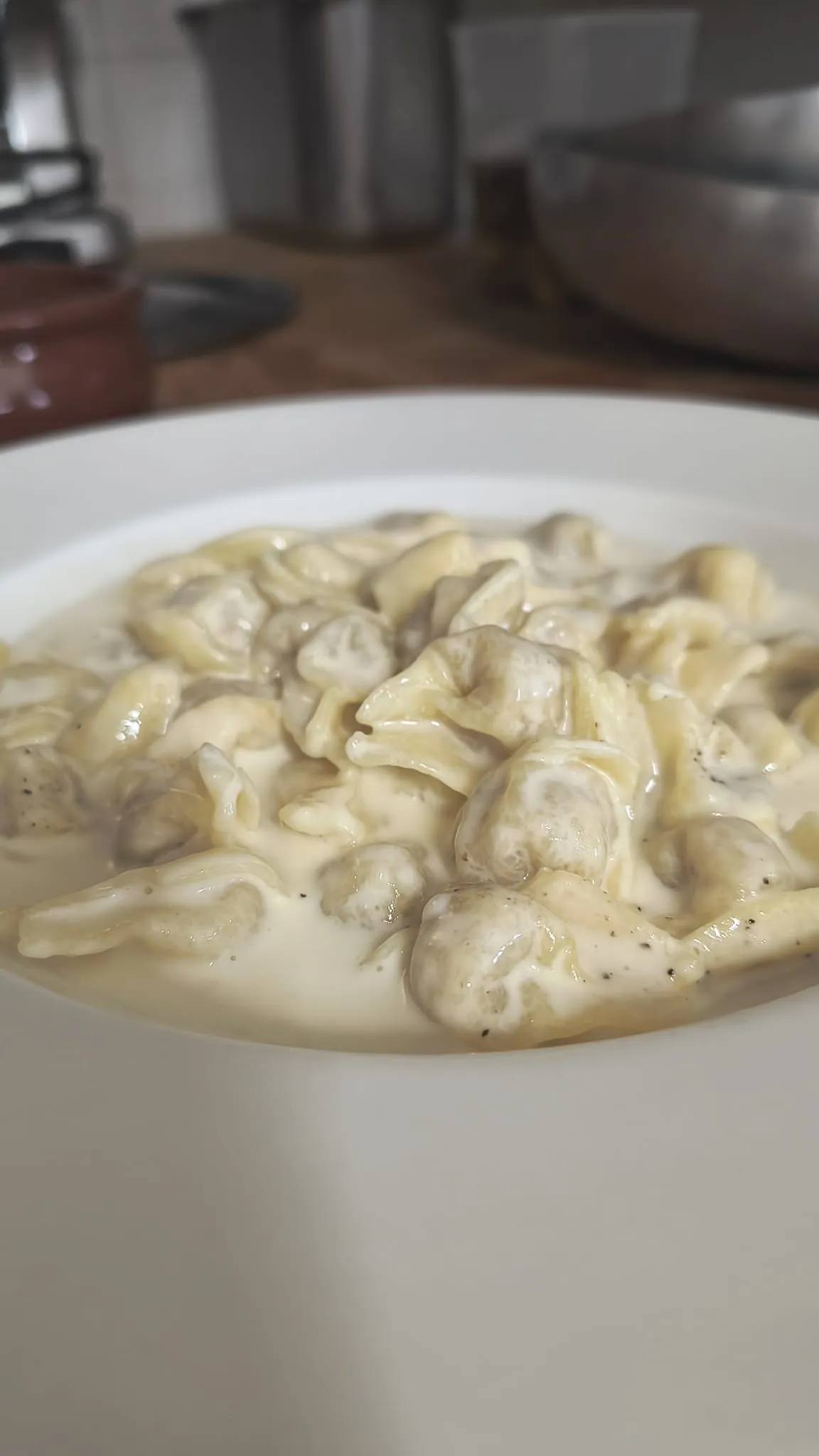 Tortelli in crema in un piatto bianco Tortelli in crema in un piatto bianco